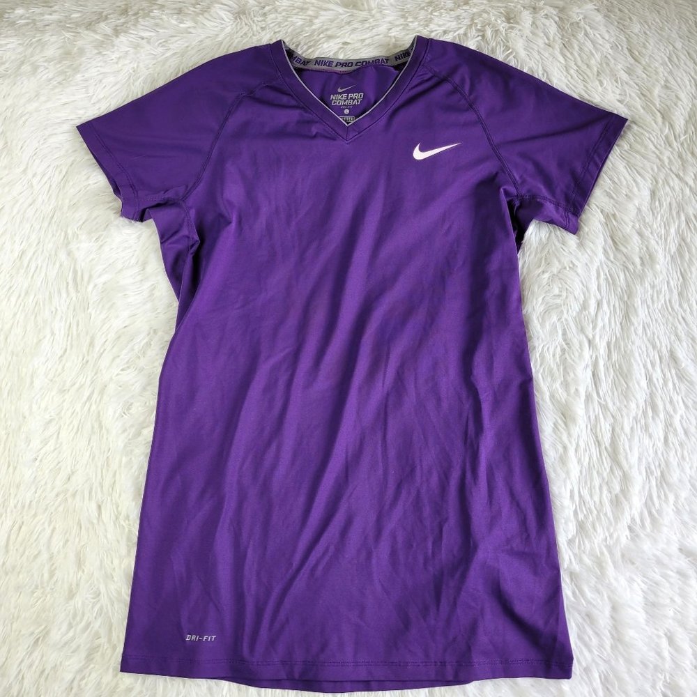 Nike Pro Combat Dri Fit Womens Athletic Top Size L Purple Short Sleeve V Neck